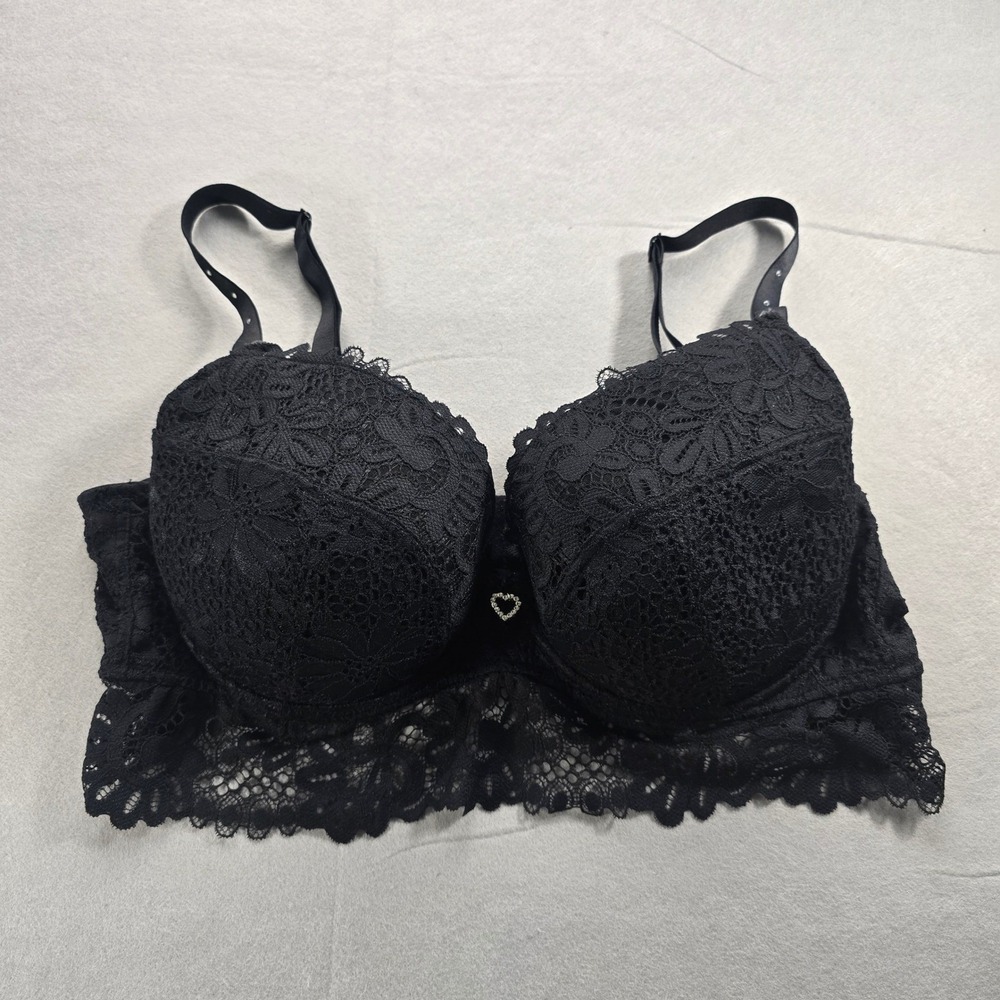 Pour Moi Contradiction Black Lace Longline Underwire Bra 38E Heart Charm